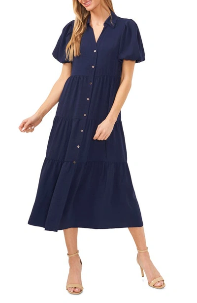 Cece Womens Tiered Polyester Midi Dress In Classic Navy