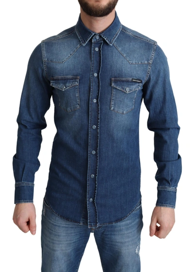 Shop Dolce & Gabbana Blue Cotton Stretch Long Sleeves Denim Shirt