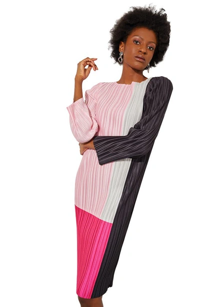 Shop Ming Wang Colorblock Pleated Long Sleeve Dress In Perfect Pink Multi