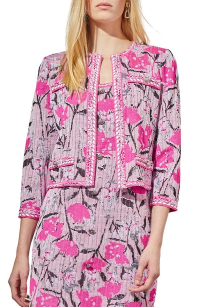 Shop Ming Wang Floral Crop Knit Jacket In Perfect Pink Multi