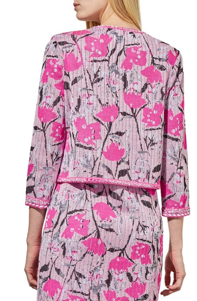 Ming Wang Floral Crop Knit Jacket In Perfect Pink Multi