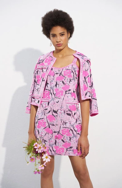 Ming Wang Floral Crop Knit Jacket In Perfect Pink Multi