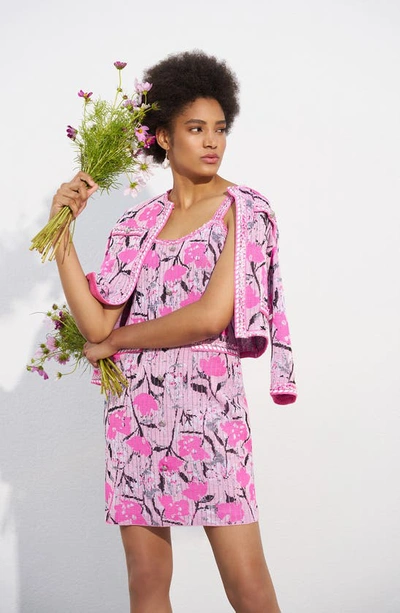 Ming Wang Floral Crop Knit Jacket In Perfect Pink Multi