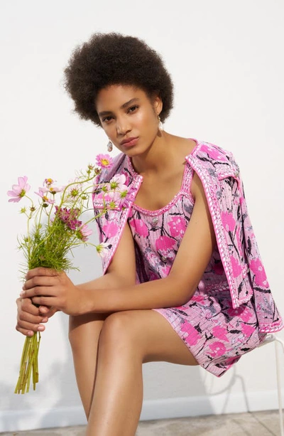 Ming Wang Floral Crop Knit Jacket In Perfect Pink Multi
