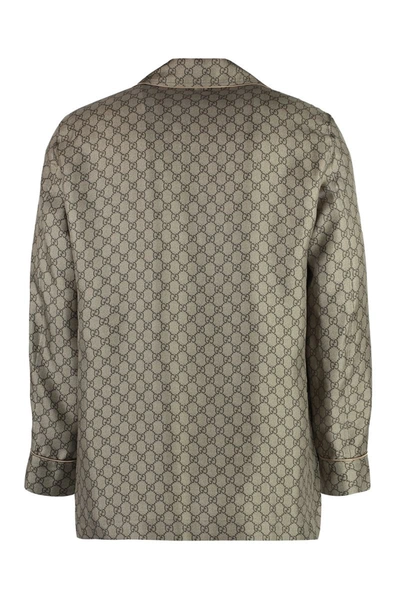 Shop Gucci Gg Supreme Logo Print Silk Blazer In Beige