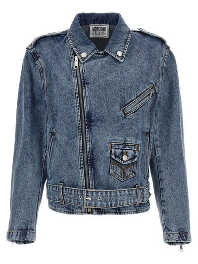 Shop Mo5ch1no Jeans Crystal Denim Jacket Casual Jackets, Parka Light Blue