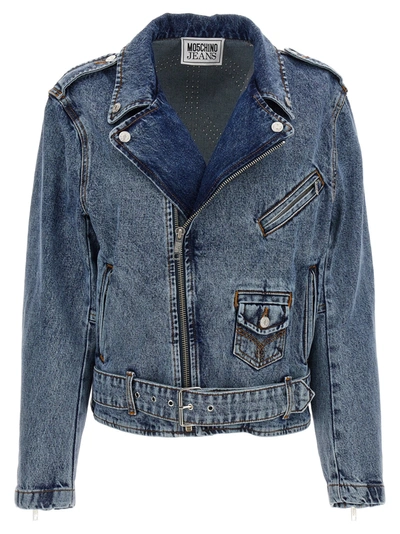 Shop Mo5ch1no Jeans Crystal Denim Jacket Casual Jackets, Parka Light Blue