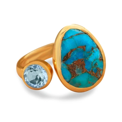Liv Oliver 18k Gold Plated Blue Topaz & Turquoise Ring In Gold