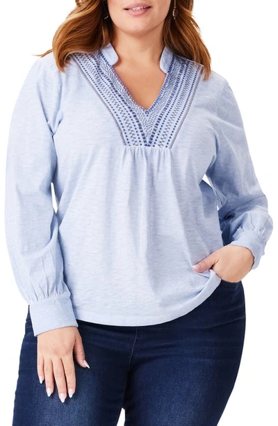 Shop Nic + Zoe Blueline Embroidered Cotton Peasant Top In Blue Multi