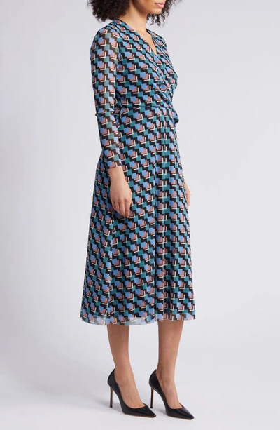 Shop Anne Klein Geo Print Long Sleeve Faux Wrap Midi Dress In Anne Black/ Cape Blue Multi
