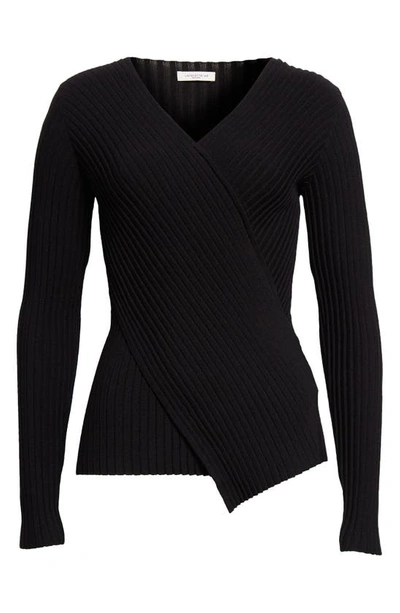 Shop Lafayette 148 Wrap Front V-neck Rib Sweater In Black