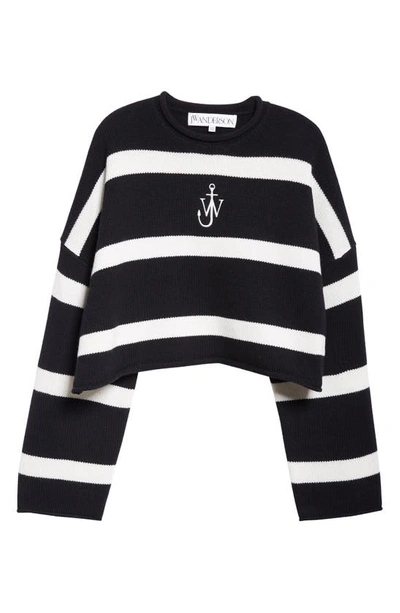 Shop Jw Anderson Anchor Logo Roll Neck Crop Cotton Sweater In Black/ White