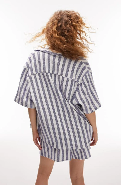 Topshop Stripe Oversize Cotton Button-up Shirt In Mid Blue