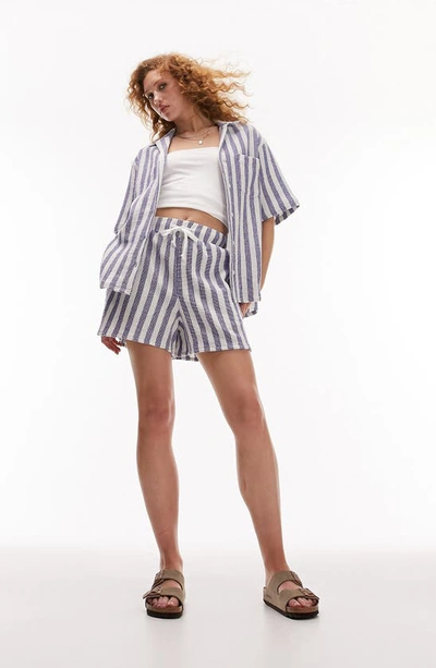Topshop Stripe Oversize Cotton Button-up Shirt In Mid Blue