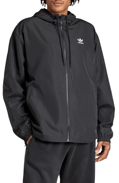 Shop Adidas Originals Oversize Adicolor Trefoil Hooded Windbreaker In Black/ White