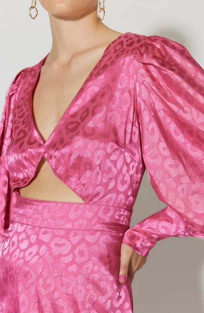 Shop Something New Mia Animal Print Cutout Long Sleeve Satin Dress In Shocking Pink