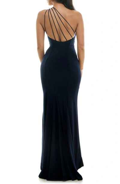 Shop Jump Apparel Strappy One-shoulder Trumpet Gown In Navy