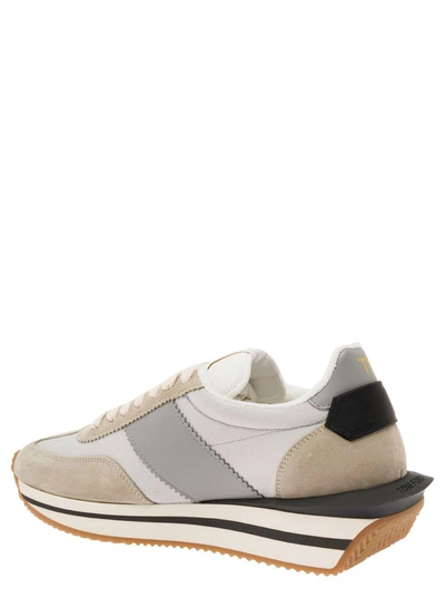 Shop Tom Ford 'james' Beige And Silver Low Top Sneakers With Logo Detail In Lycra And Suede Man In Grey