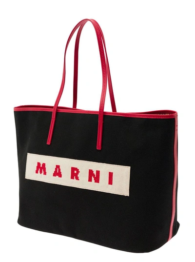 Shop Marni 'small Janus' Black Tote Bag With Logo Patch In Cotton Woman
