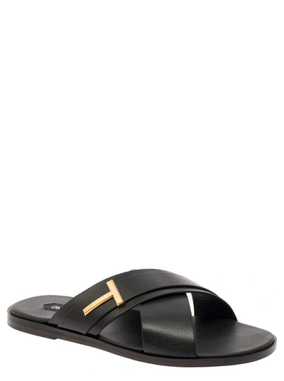 Shop Tom Ford 'preston' Black Flat Sandals With T Detail In Leather Man