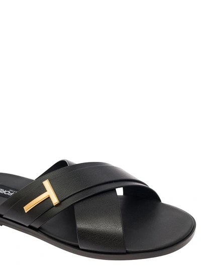 Shop Tom Ford 'preston' Black Flat Sandals With T Detail In Leather Man