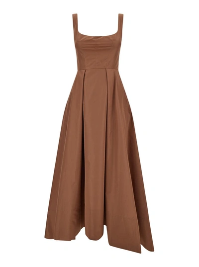 Shop Pinko Brown Midi Sleeveless Dress With Square Neckline In Technical Fabric Woman