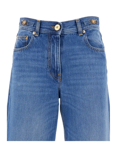 Shop Versace Denim Pants In Blu
