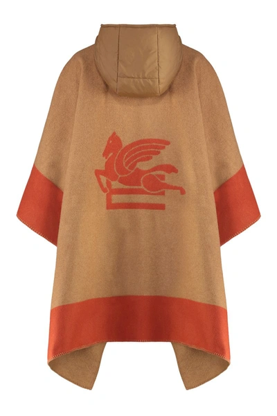 Shop Etro Hooded Cape With Logo In Beige