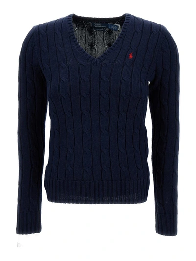 Shop Polo Ralph Lauren 'kimberly' Blue Cable-knit Pullover With Pony Embroidery In Cotton Woman