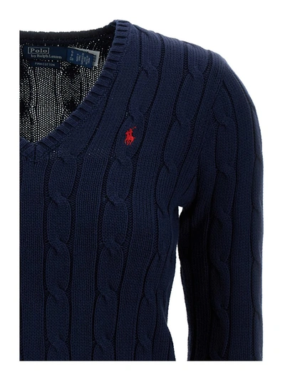 Shop Polo Ralph Lauren 'kimberly' Blue Cable-knit Pullover With Pony Embroidery In Cotton Woman