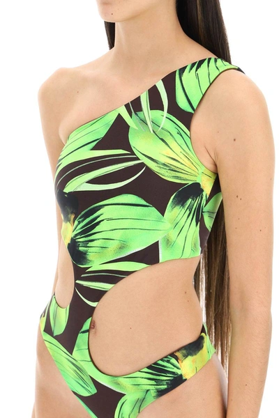 Shop Louisa Ballou Green Leaf Print One Shoulder Swimsuit