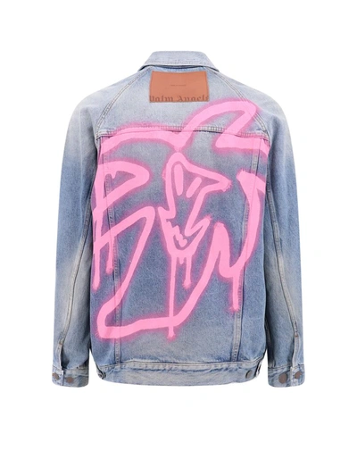 Shop Palm Angels Blue Denim Graffiti Print Jacket