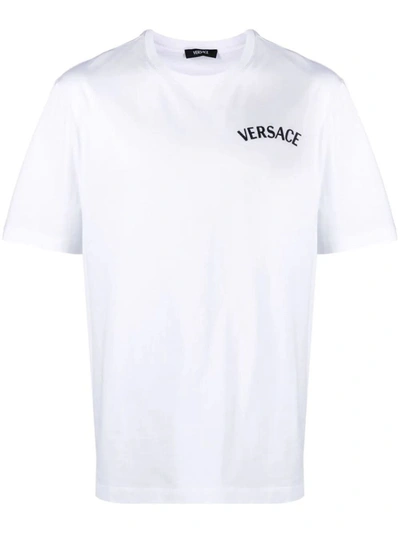 Shop Versace T-shirt Jersey Fabric Embroidery Milano Stamp Print Clothing In White
