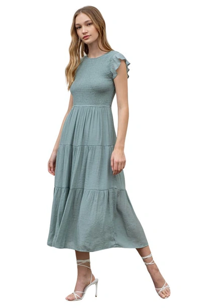 Shop Blu Pepper Flutter Sleeve Smocked Tiered Midi Dress In Sage