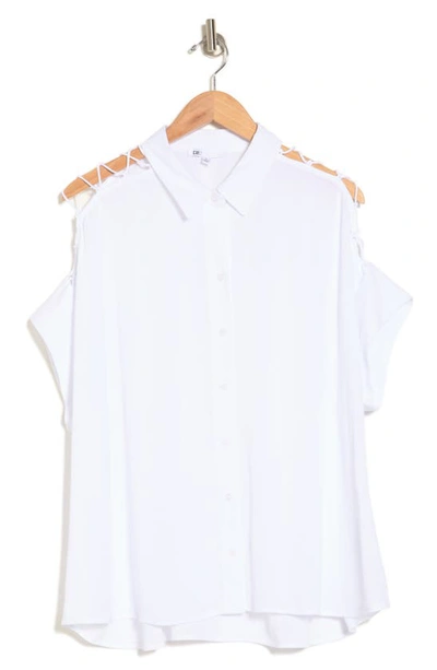 Shop Dr2 By Daniel Rainn Lace-up Sleeve Button-up Shirt In New White