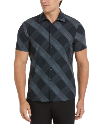 Shop Perry Ellis Men's Slim-fit Diagonal Plaid Short Sleeve Button-front Shirt In Magnet