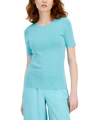 Shop Tahari Asl Women's Short-sleeve Crewneck T-shirt Sweater In Turquoise