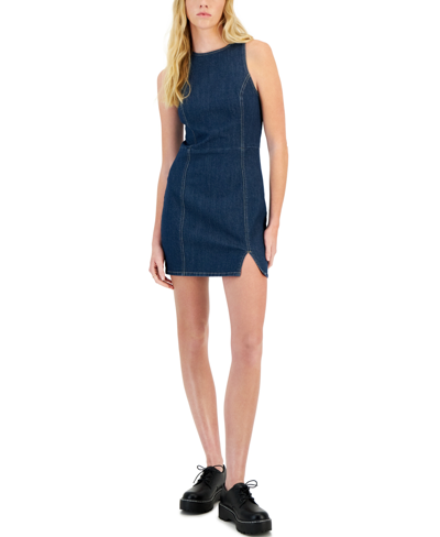 Shop Tinseltown Juniors' Sleeveless Denim Bodycon Mini Dress In Dark Wash