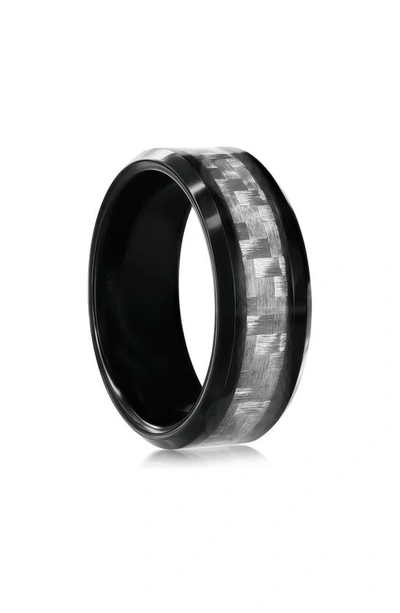 Blackjack Crosshatch Two-tone Band Ring In Silver Carbon Fiber