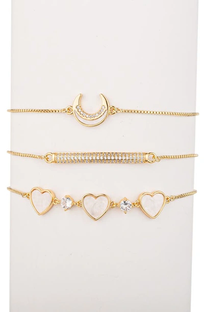 Shop Eye Candy Los Angeles Juliette Set Of 3 Cubic Zirconia Moon, Heart & Bar Slider Bracelets In Gold