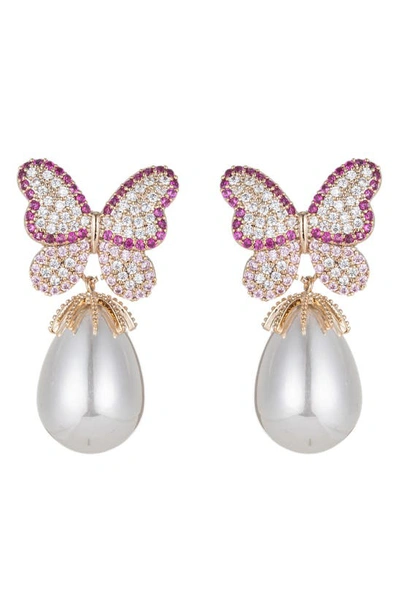 Shop Eye Candy Los Angeles Jaci Cz Butterfly & Imitation Pearl Drop Earrings In Gold