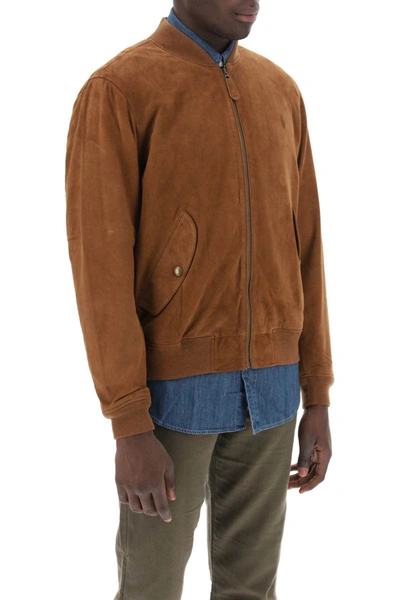 Shop Polo Ralph Lauren Suede Leather Bomber Jacket In Brown