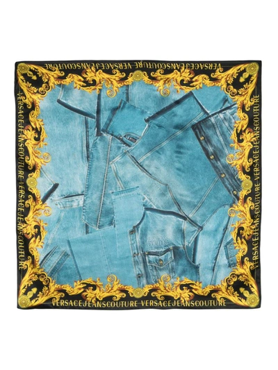 Shop Versace Jeans Couture Denim Print Scarf In Blue