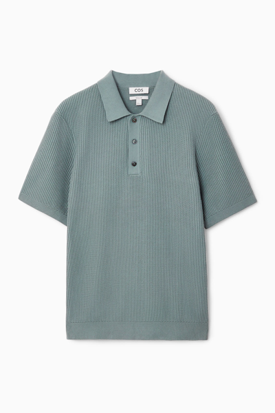 Shop Cos Textured Knitted Polo Shirt In Green