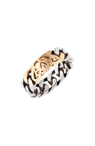 Shop Alexander Mcqueen Seal Logo Chain Ring In Silver/ Gold