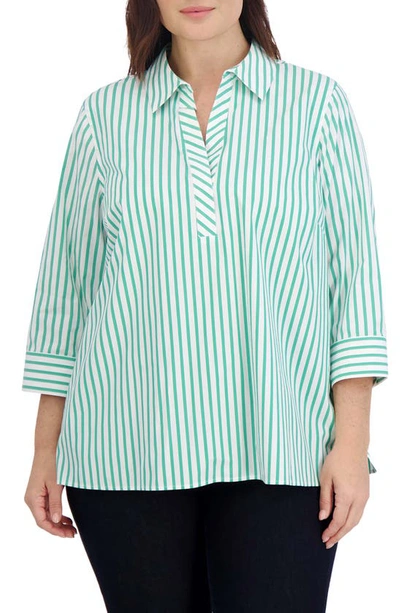 Shop Foxcroft Sophia Stripe Three-quarter Sleeve Stretch Button-up Shirt In Kelly Green