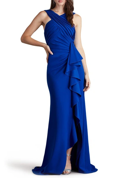 Shop Tadashi Shoji Crossneck Side Ruffle Gown In Mystic Blue