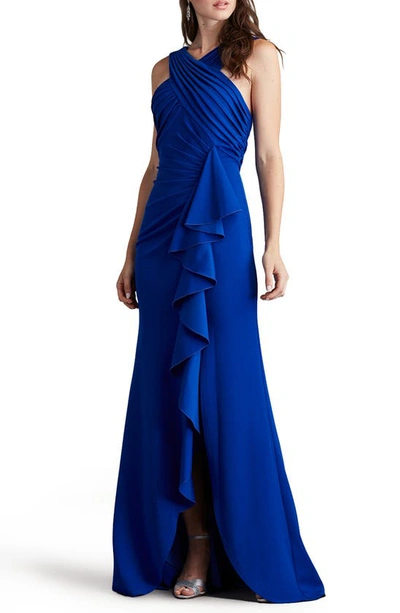 Shop Tadashi Shoji Crossneck Side Ruffle Gown In Mystic Blue