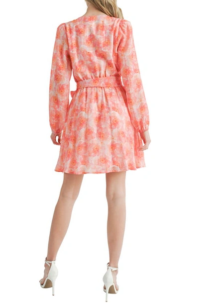 Mila Mae Floral Wrap Front Long Sleeve Dress In Coral