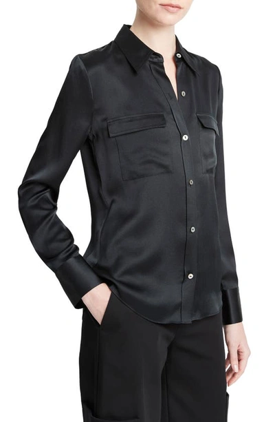 Shop Vince Chest Pocket Satin Shirt In Black